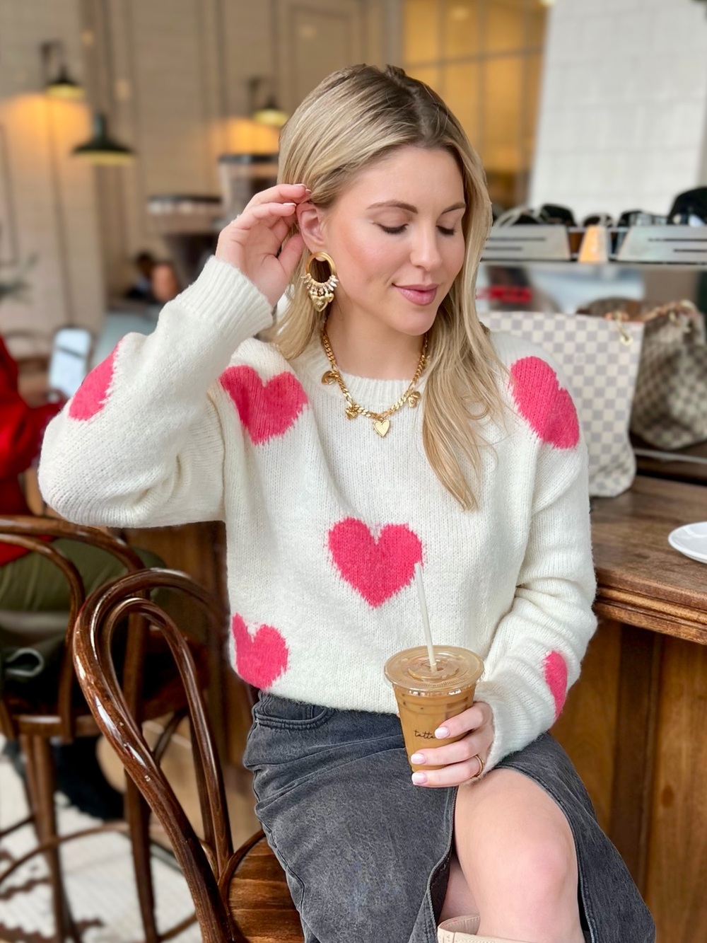 Vici Cream Crewneck Sweater with Pink Heart Motif